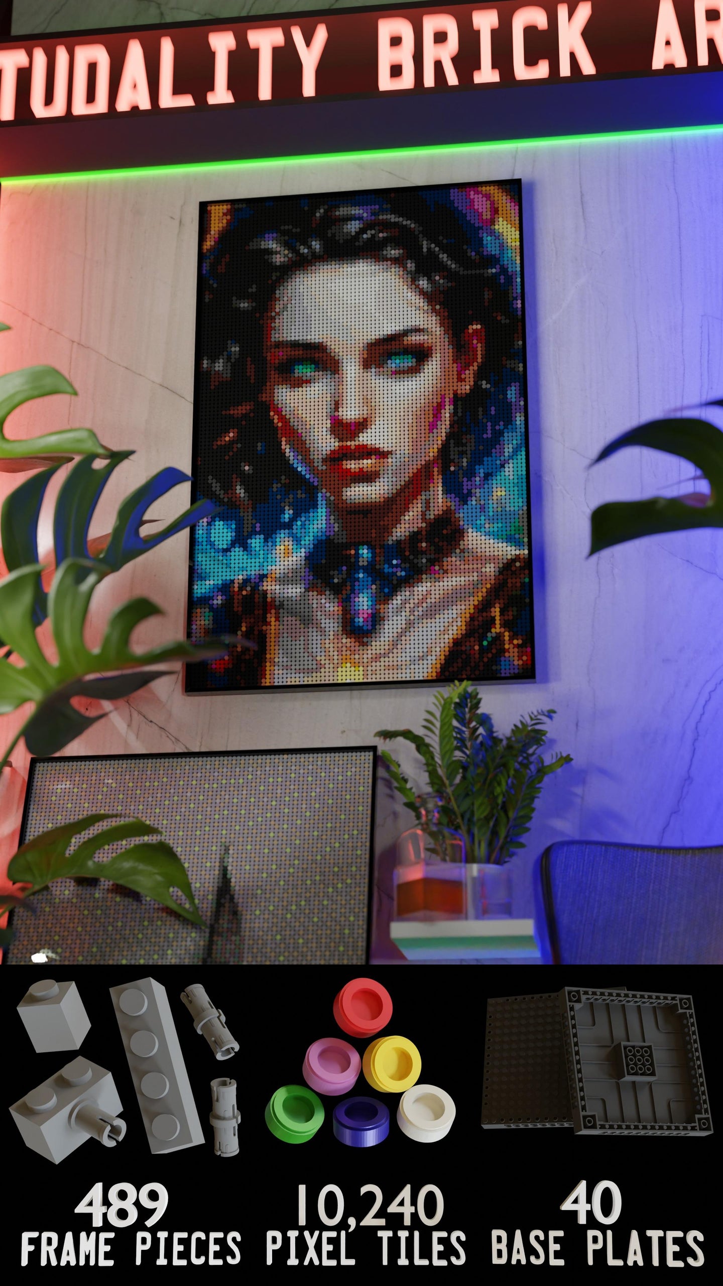 Temporal Ravette LEGO® Style mosaic wall art made from colorful plastic bricks